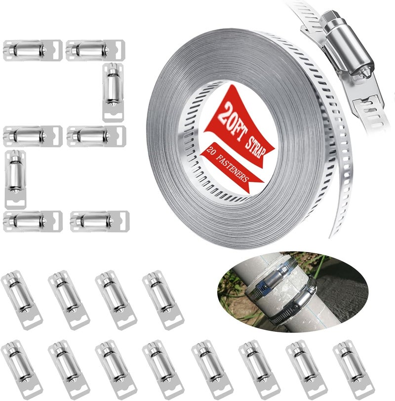 WSWECCL Hose Clamps 20FT Strap+20 Fasteners,DIY Cut-To-Fit 304 Stainless Steel Adjustable Large Worm Gear Band Clamp Assortment Kit,Metal Screw Fasteners and Strapping for Pipe,Duct,Pole,Tube - Image 1